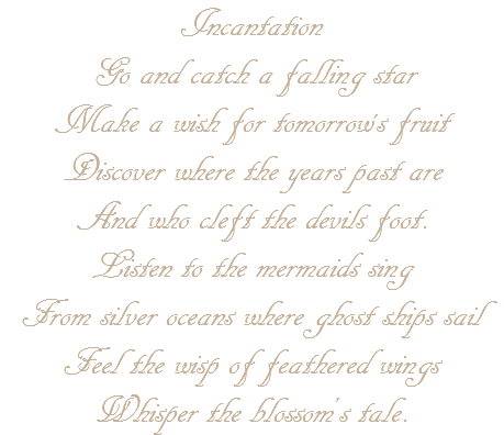 Incantation Go and catch a falling star Make a wish for tomorrow's fruit Discover where the years past are And who cleft the devils foot. Listen to the mermaids sing From silver oceans where ghost ships sail Feel the wisp of feathered wings Whisper the blossom’s tale.